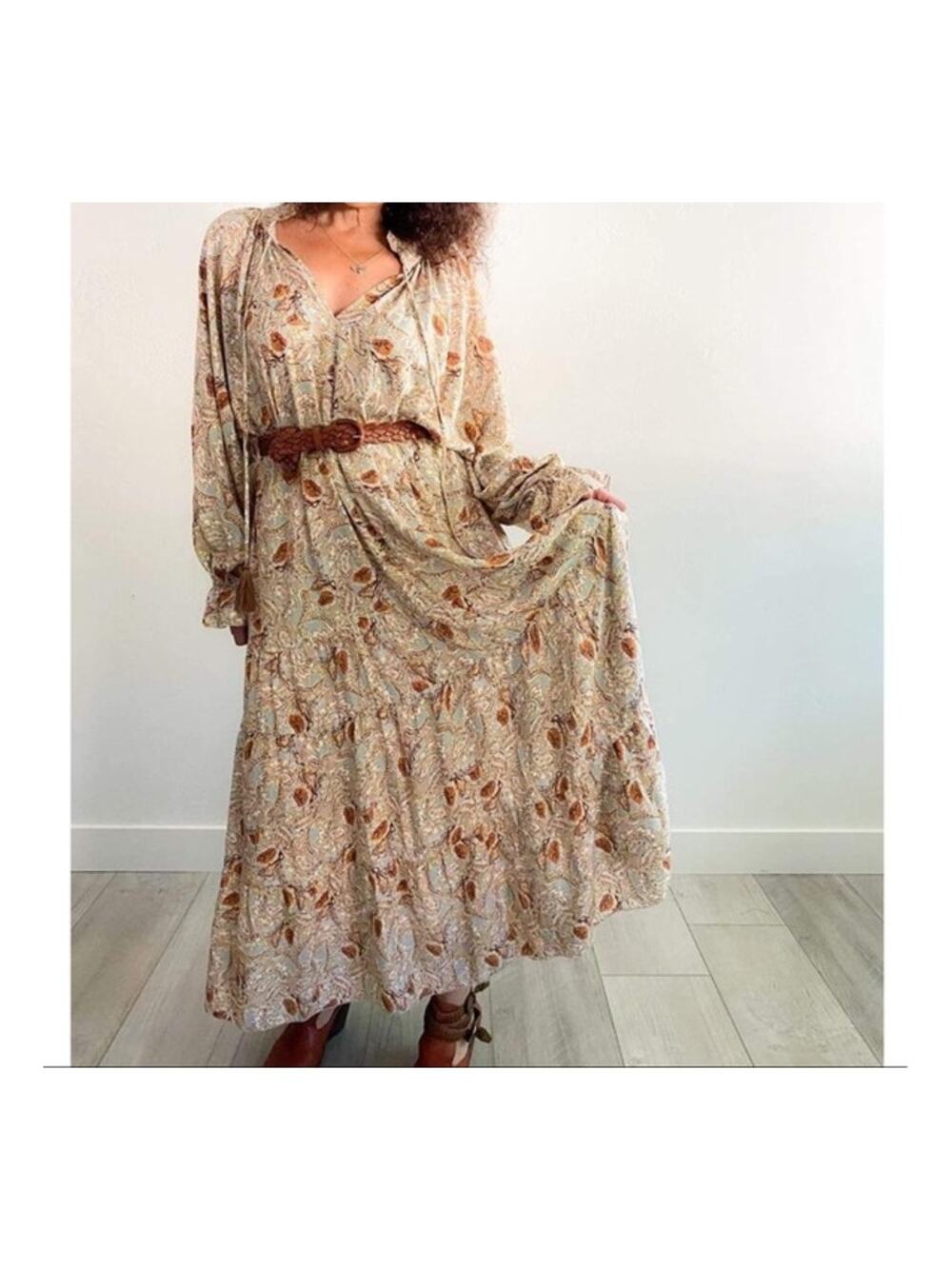 Aura Falling Foliage Brown Floral Paisley Long Sleeve Tiered Peasant Maxi Dress